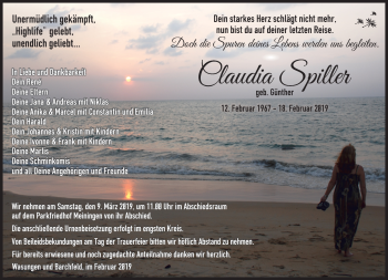 Traueranzeige von Claudia Spiller von Südthüringer Presse
