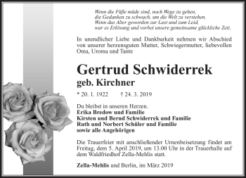 Traueranzeige von Gertrud Schwiderreck von Südthüringer Presse