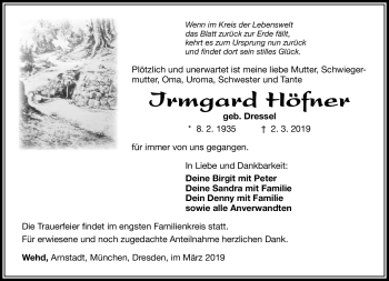 Traueranzeige von Irmgard Höfner von Südthüringer Presse
