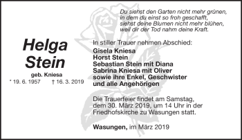Traueranzeige von Helga Stein von Südthüringer Presse
