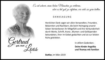 Traueranzeige von Gertrud Loos von Südthüringer Presse