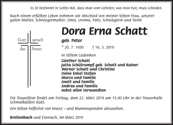 Traueranzeige von Dora Erna Schatt von Südthüringer Presse