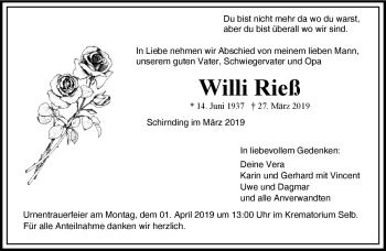 Traueranzeige von Willi Rieß von Frankenpost