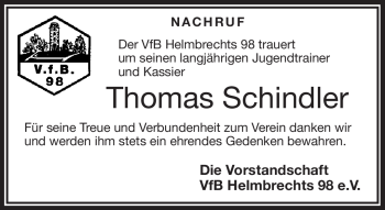 Traueranzeige von Thomas Schindler von Frankenpost