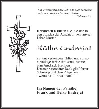 Traueranzeige von Käthe Endrejat von Südthüringer Presse