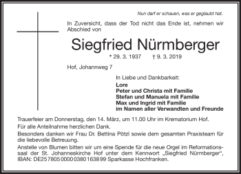 Traueranzeige von Siegfried Nürmberger von Frankenpost