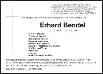 Traueranzeige von Erhard Bendel von Südthüringer Presse