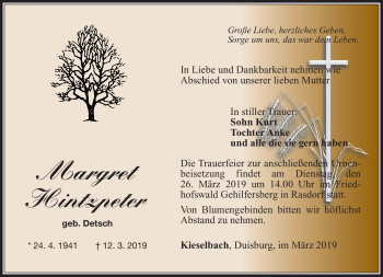 Traueranzeige von Margret Hintzpeter von Südthüringer Presse