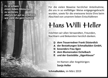 Traueranzeige von Hans Willi Heller von Südthüringer Presse