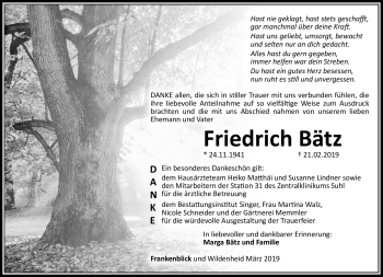 Traueranzeige von Friedrich Bätz von Südthüringer Presse