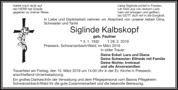 Traueranzeige von Siglinde Kalbskopf von Frankenpost