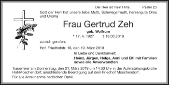 Traueranzeige von Gertrud Zeh von Frankenpost