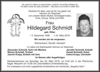 Traueranzeige von Hildegard Schmidt von Frankenpost