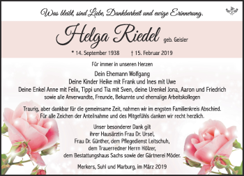 Traueranzeige von Helga Riedel von Südthüringer Presse