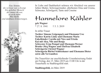 Traueranzeige von Hannelore Kähler von Südthüringer Presse