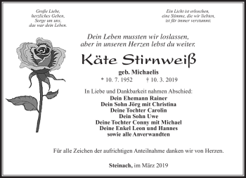 Traueranzeige von Käte Stirnweiß von Südthüringer Presse