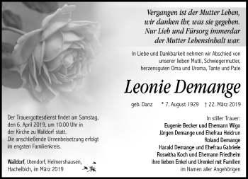 Traueranzeige von Leoni Demange von Südthüringer Presse