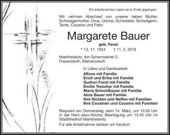 Traueranzeige von Margarete Bauer von Frankenpost