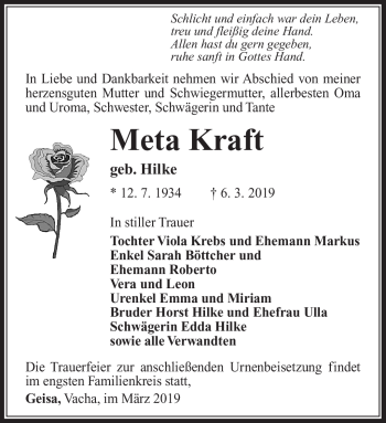 Traueranzeige von Meta Kraft von Südthüringer Presse