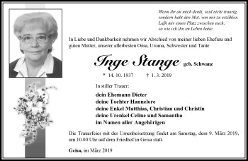 Traueranzeige von Inge Stange von Südthüringer Presse