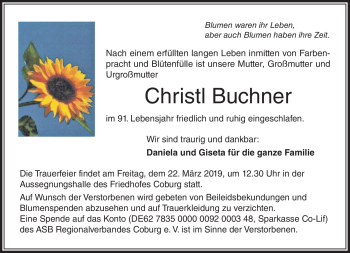 Traueranzeige von Christl Buchner von Neue Presse Coburg