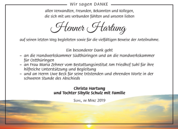 Traueranzeige von Henner Hartung von Südthüringer Presse