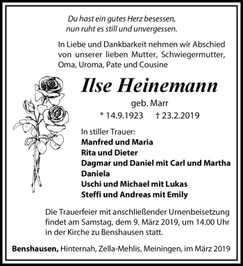 Traueranzeige von Ilse Heinemann von Südthüringer Presse