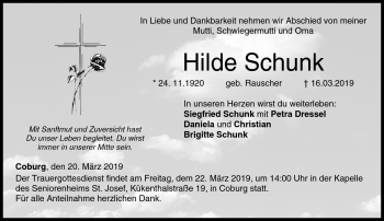 Traueranzeige von Hilde Schunk von Neue Presse Coburg