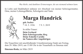 Traueranzeige von Marga Handrick von Südthüringer Presse