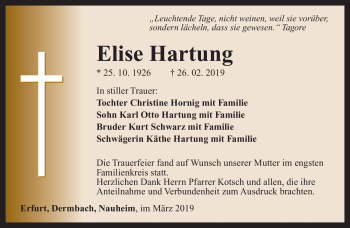 Traueranzeige von Elise Hartung von Südthüringer Presse