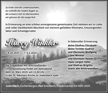 Traueranzeige von Harry Winkler von Südthüringer Presse