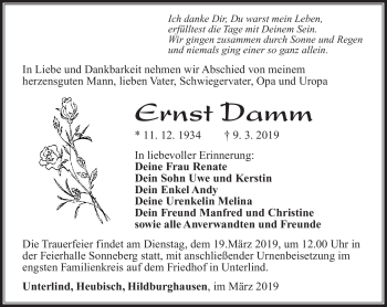 Traueranzeige von Ernst Damm von Südthüringer Presse