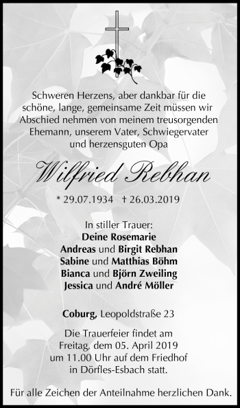 Traueranzeige von Wilfried Rebhan von Neue Presse Coburg