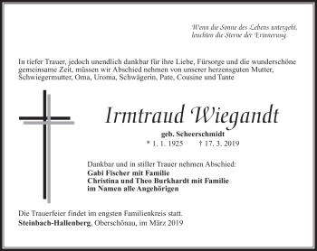 Traueranzeige von Irmtraud Wiegandt von Südthüringer Presse