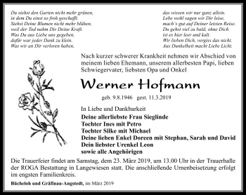 Traueranzeige von Werner Hofmann von Südthüringer Presse