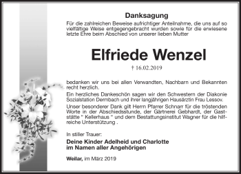 Traueranzeige von Elfriede Wenzel von Südthüringer Presse