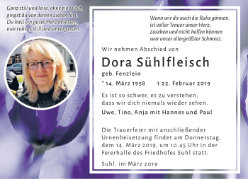 Traueranzeige von Dora Sühlfleisch von Südthüringer Presse