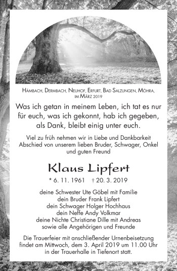 Traueranzeige von Klaus Lipfert von Südthüringer Presse