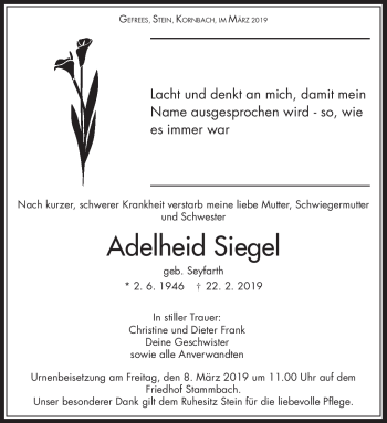Traueranzeige von Adelheit Siegel von Frankenpost