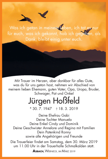 Traueranzeige von Jürgen Hoßfeld von Südthüringer Presse