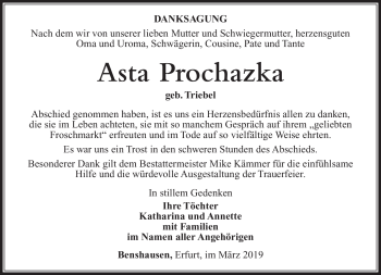 Traueranzeige von Asta Prochazka von Südthüringer Presse