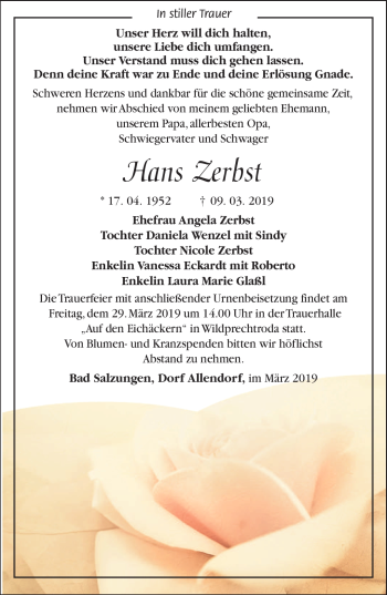 Traueranzeige von Hans Zerbst von Südthüringer Presse