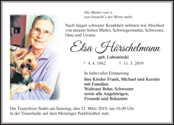 Traueranzeige von Elsa Hörschelmann von Südthüringer Presse