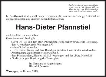Traueranzeige von Hans-Dieter Pfannstiel von Südthüringer Presse