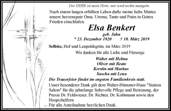 Traueranzeige von Elsa Benkert von Frankenpost