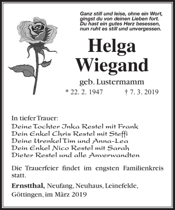 Traueranzeige von Helga Wiegand von Südthüringer Presse