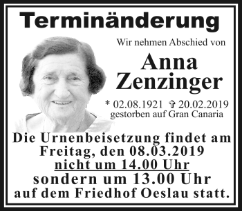 Traueranzeige von Anna Zenzinger von Neue Presse Coburg