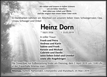 Traueranzeige von Heinz Dorn von Südthüringer Presse