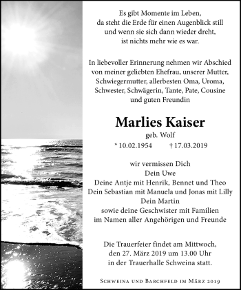Traueranzeige von Marlies Kaiser von Südthüringer Presse