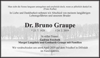 Traueranzeige von Dr. Bruno Graupe von Südthüringer Presse